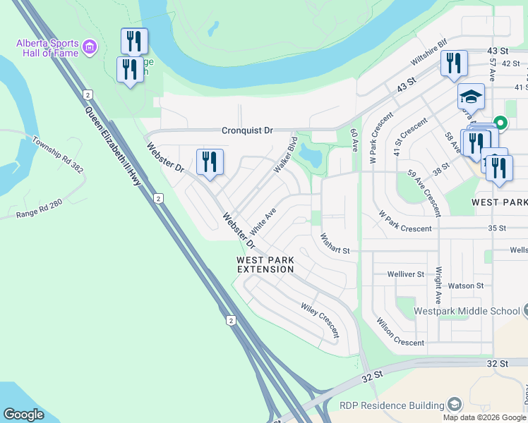 map of restaurants, bars, coffee shops, grocery stores, and more near 48 White Avenue in Red Deer