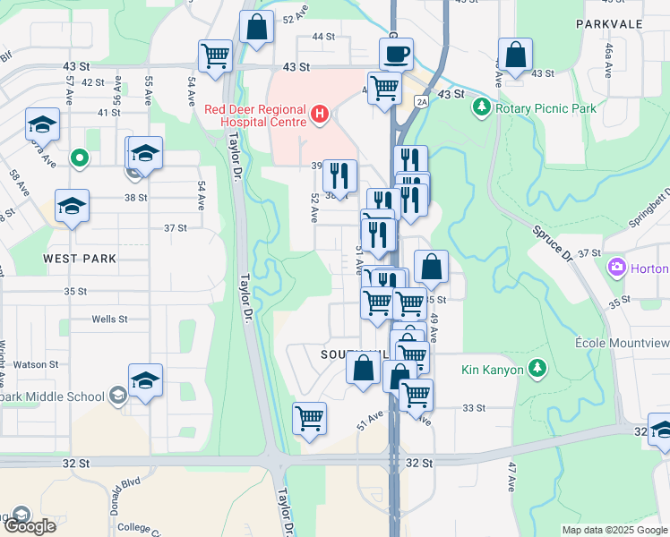 map of restaurants, bars, coffee shops, grocery stores, and more near in Red Deer