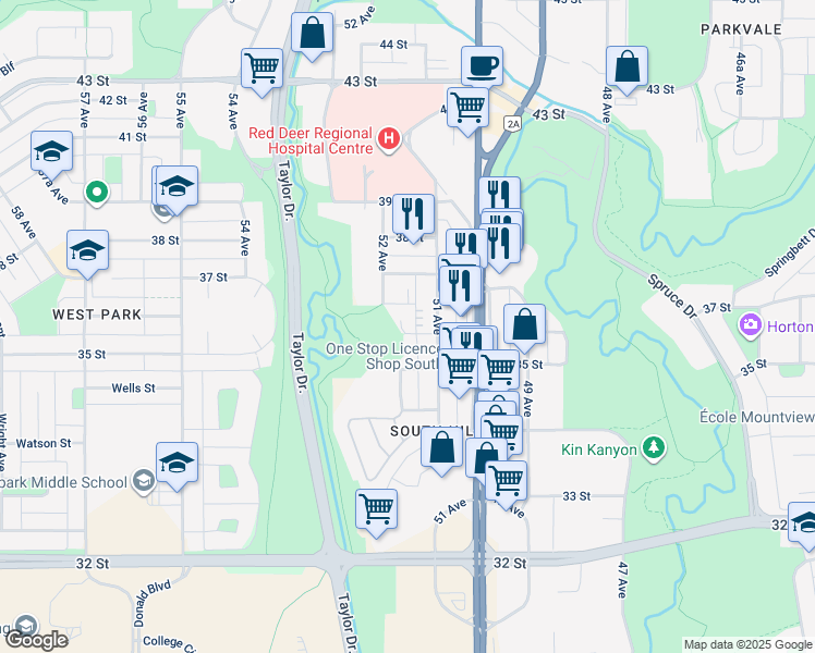 map of restaurants, bars, coffee shops, grocery stores, and more near in Red Deer