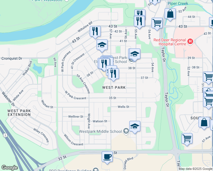 map of restaurants, bars, coffee shops, grocery stores, and more near 3614 57 Avenue in Red Deer