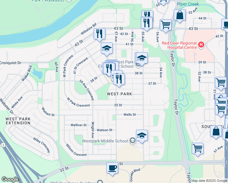 map of restaurants, bars, coffee shops, grocery stores, and more near 3614 57 Avenue in Red Deer