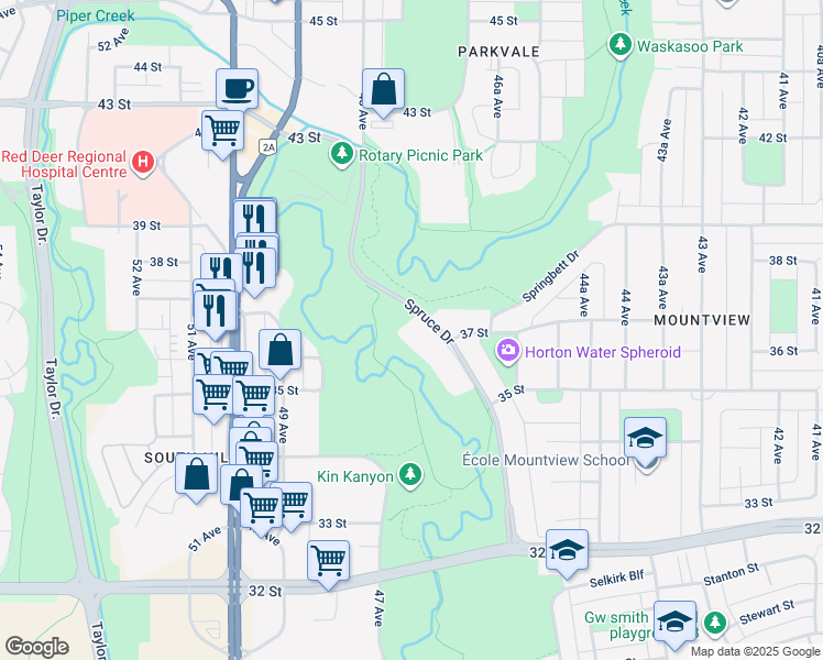 map of restaurants, bars, coffee shops, grocery stores, and more near 3568 Spruce Drive in Red Deer