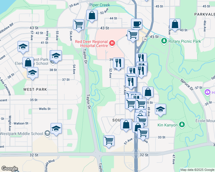 map of restaurants, bars, coffee shops, grocery stores, and more near 3610 52 Avenue in Red Deer