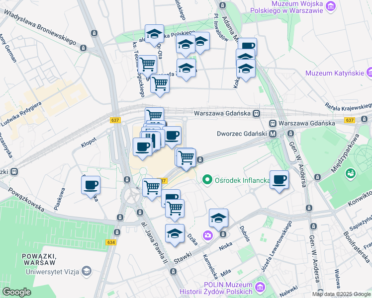 map of restaurants, bars, coffee shops, grocery stores, and more near Pamiętajcie o Ogrodach in Warszawa