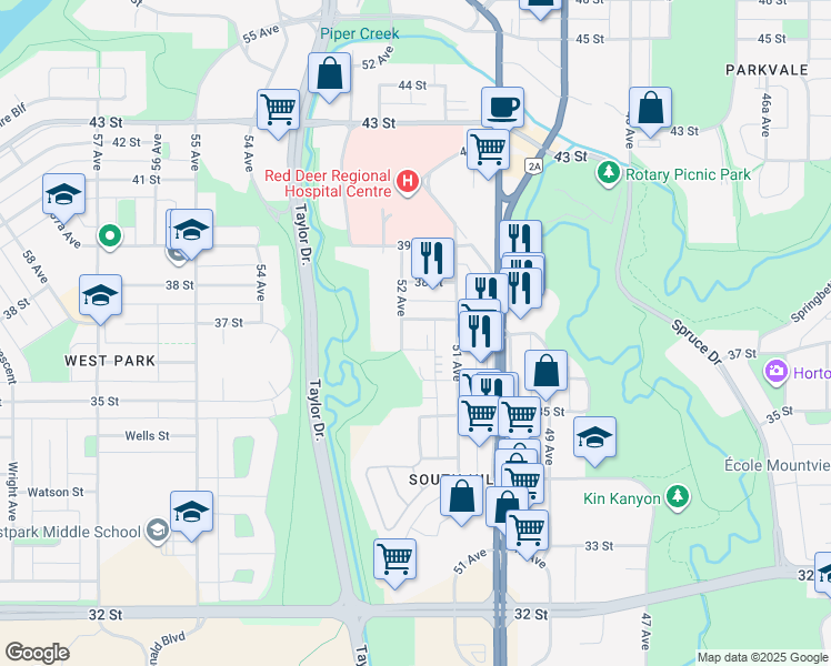 map of restaurants, bars, coffee shops, grocery stores, and more near 5121 37 Street in Red Deer