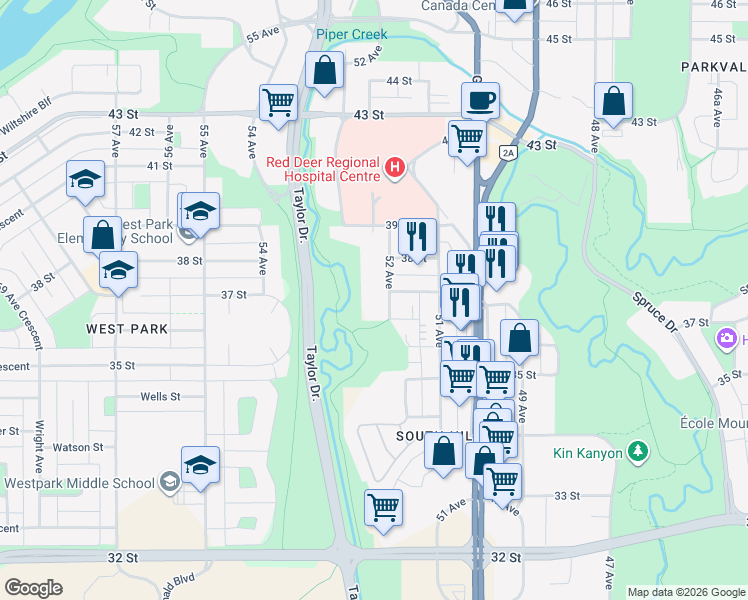 map of restaurants, bars, coffee shops, grocery stores, and more near 3620 52 Avenue in Red Deer