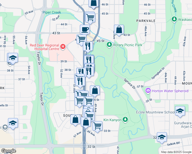 map of restaurants, bars, coffee shops, grocery stores, and more near in Red Deer