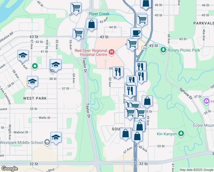 map of restaurants, bars, coffee shops, grocery stores, and more near 3720 52 Avenue in Red Deer