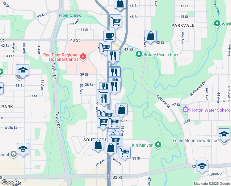 map of restaurants, bars, coffee shops, grocery stores, and more near in Red Deer