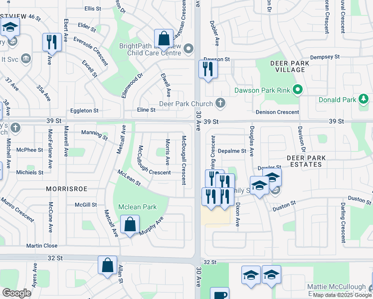 map of restaurants, bars, coffee shops, grocery stores, and more near 69 McDougall Crescent in Red Deer