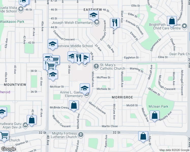 map of restaurants, bars, coffee shops, grocery stores, and more near 61 Mitchell Avenue in Red Deer