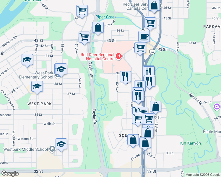 map of restaurants, bars, coffee shops, grocery stores, and more near 3710 52 Avenue in Red Deer