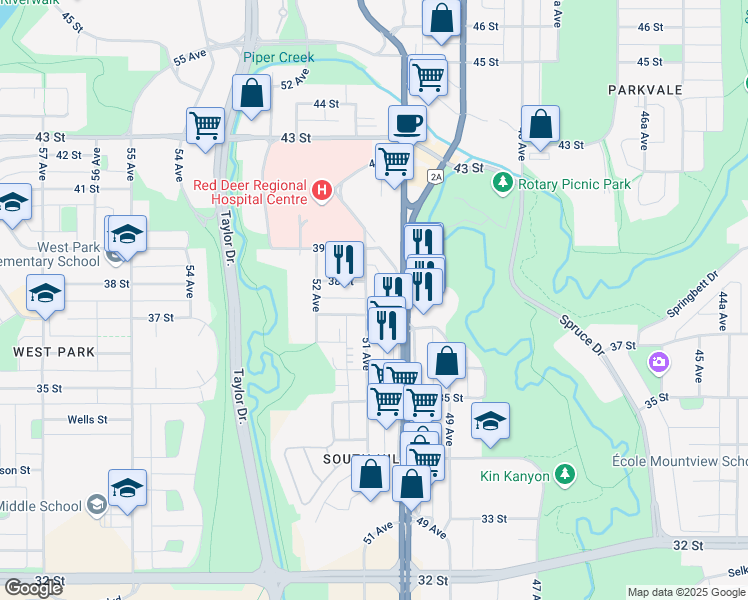 map of restaurants, bars, coffee shops, grocery stores, and more near 3715 51 Avenue in Red Deer