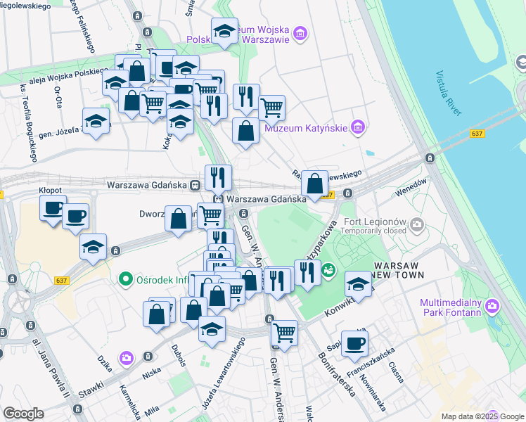 map of restaurants, bars, coffee shops, grocery stores, and more near 20 Lindego in Warszawa