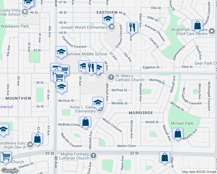 map of restaurants, bars, coffee shops, grocery stores, and more near 61 Mitchell Avenue in Red Deer