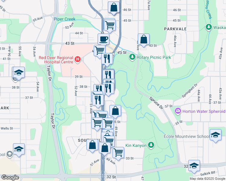 map of restaurants, bars, coffee shops, grocery stores, and more near 4902 37 Street in Red Deer