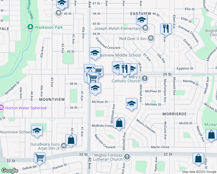 map of restaurants, bars, coffee shops, grocery stores, and more near 3907 39 Street in Red Deer