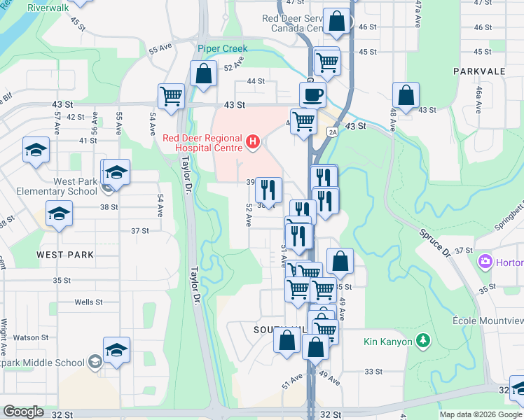map of restaurants, bars, coffee shops, grocery stores, and more near 51 38 Street in Red Deer