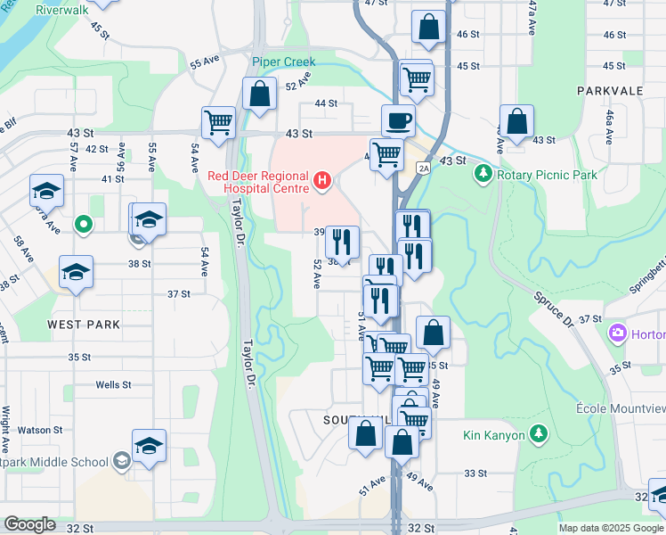 map of restaurants, bars, coffee shops, grocery stores, and more near 5121 38 Street in Red Deer