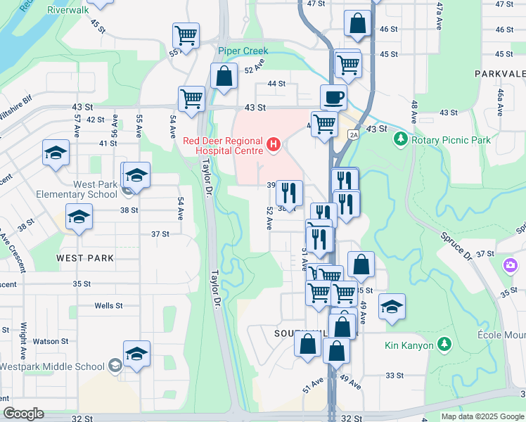 map of restaurants, bars, coffee shops, grocery stores, and more near 3720 52 Avenue in Red Deer