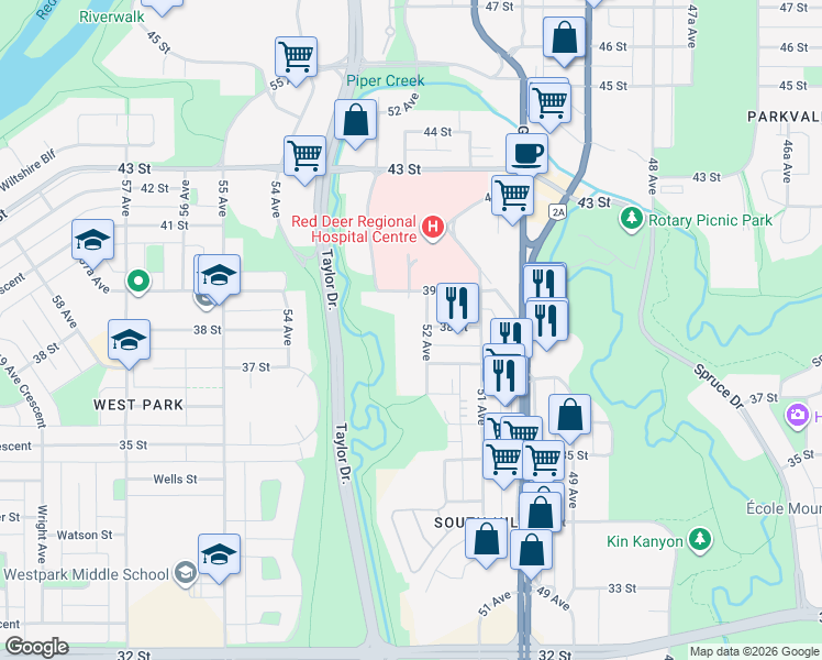 map of restaurants, bars, coffee shops, grocery stores, and more near 3720 52 Avenue in Red Deer