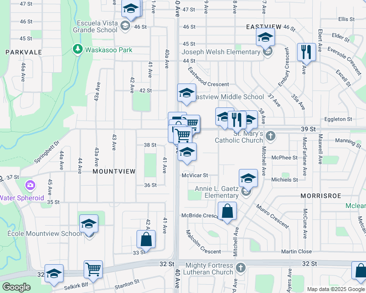 map of restaurants, bars, coffee shops, grocery stores, and more near 3813 40 Avenue in Red Deer