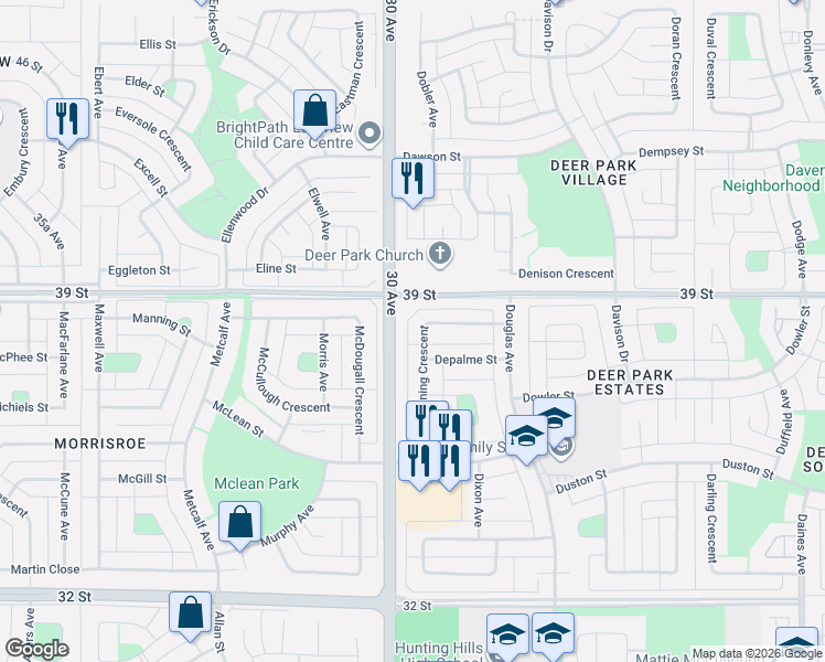 map of restaurants, bars, coffee shops, grocery stores, and more near 78 Dunning Crescent in Red Deer