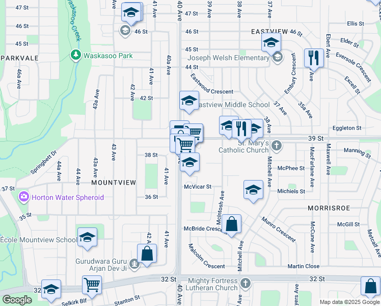 map of restaurants, bars, coffee shops, grocery stores, and more near 3813 40 Avenue in Red Deer