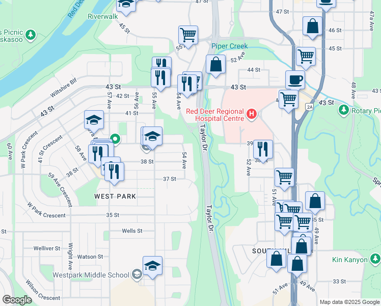 map of restaurants, bars, coffee shops, grocery stores, and more near 5323-5319 38 Street in Red Deer