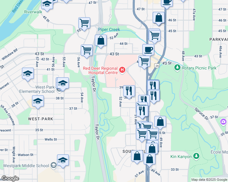 map of restaurants, bars, coffee shops, grocery stores, and more near 3720 52 Avenue in Red Deer