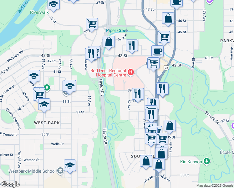 map of restaurants, bars, coffee shops, grocery stores, and more near in Red Deer
