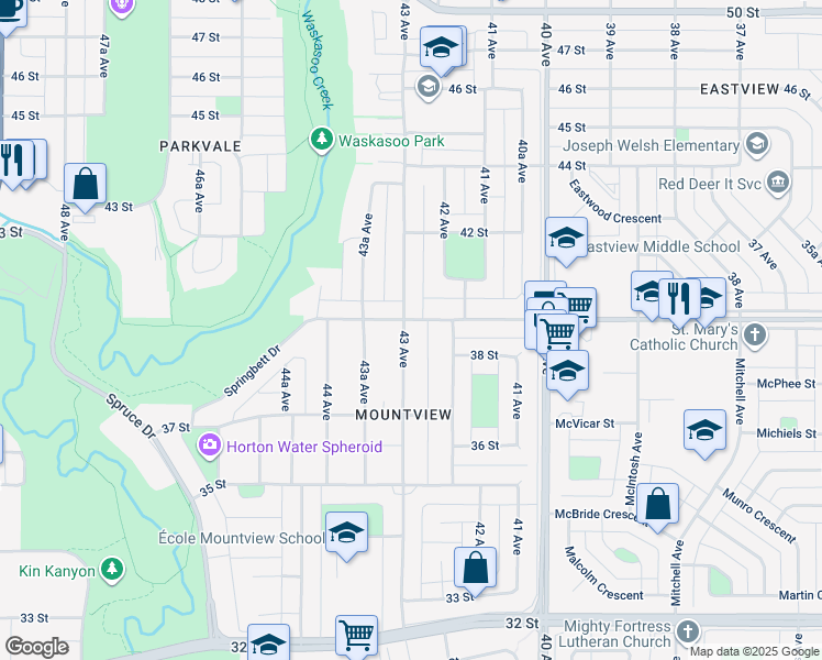 map of restaurants, bars, coffee shops, grocery stores, and more near 3757 43 Avenue in Red Deer