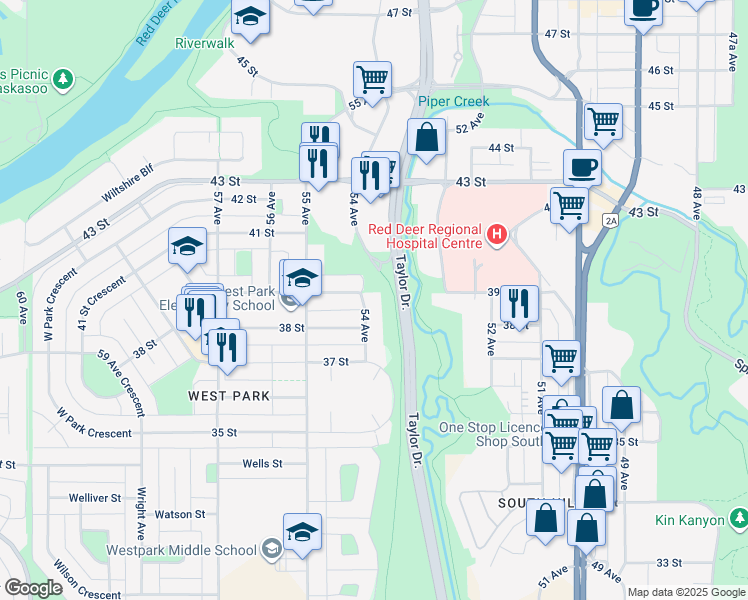 map of restaurants, bars, coffee shops, grocery stores, and more near 5323-5319 38 Street in Red Deer