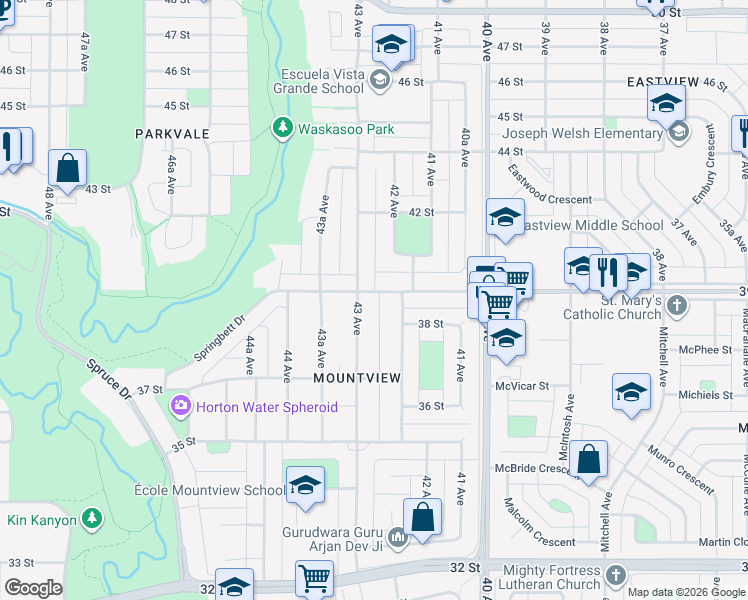 map of restaurants, bars, coffee shops, grocery stores, and more near 4217 39 Street in Red Deer