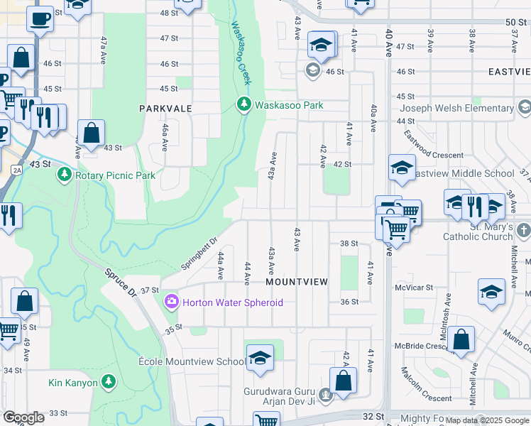 map of restaurants, bars, coffee shops, grocery stores, and more near 3912 43A Avenue in Red Deer