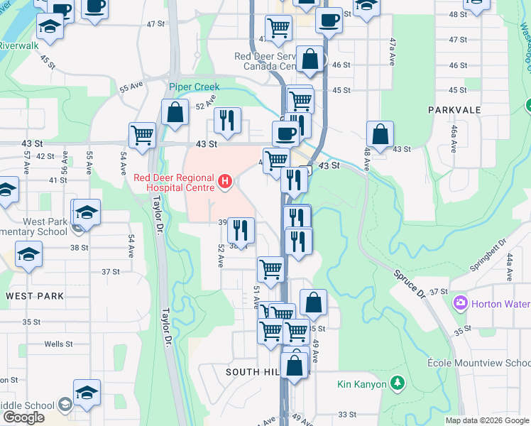 map of restaurants, bars, coffee shops, grocery stores, and more near 3901 50A Avenue in Red Deer