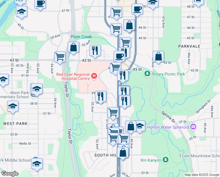 map of restaurants, bars, coffee shops, grocery stores, and more near 3901 50A Avenue in Red Deer