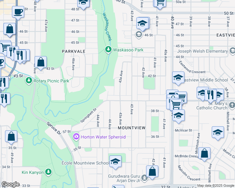 map of restaurants, bars, coffee shops, grocery stores, and more near 3912 43A Avenue in Red Deer