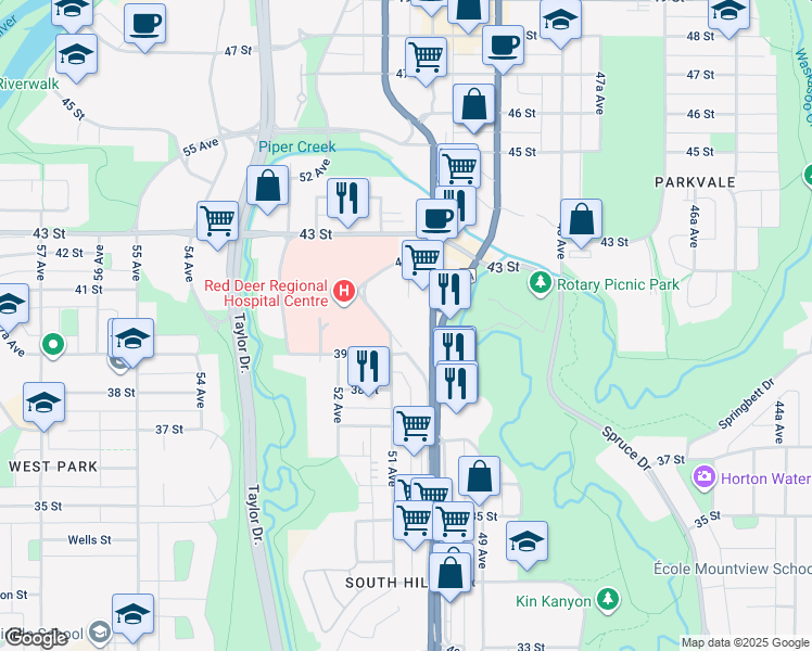 map of restaurants, bars, coffee shops, grocery stores, and more near 3916 50 Avenue in Red Deer