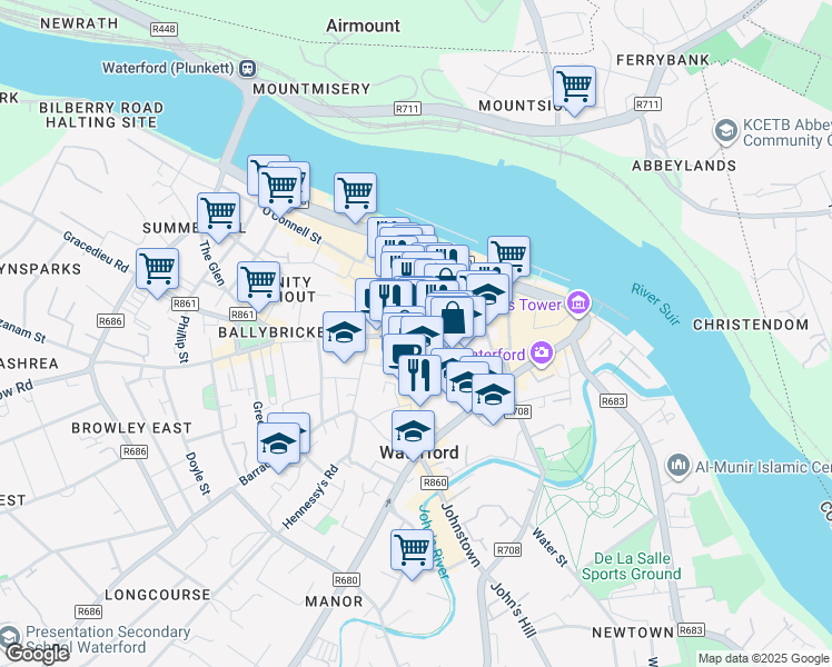 map of restaurants, bars, coffee shops, grocery stores, and more near 12 Broad Street in Waterford
