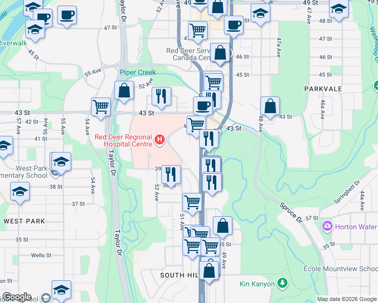 map of restaurants, bars, coffee shops, grocery stores, and more near 3920 50 Avenue in Red Deer