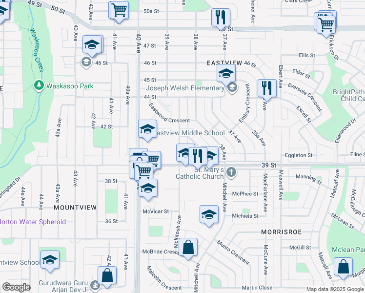 map of restaurants, bars, coffee shops, grocery stores, and more near 3913 38A Avenue in Red Deer