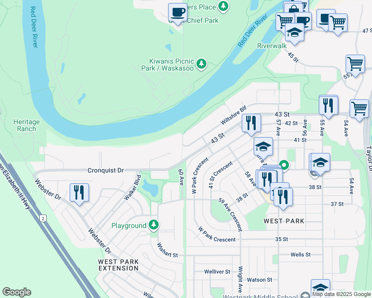 map of restaurants, bars, coffee shops, grocery stores, and more near 13 Wiltshire Boulevard in Red Deer
