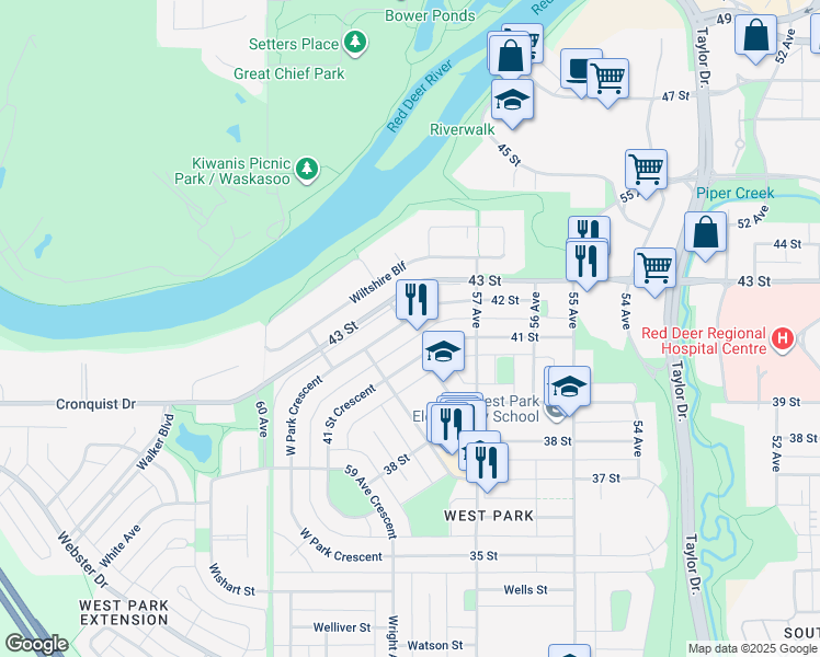 map of restaurants, bars, coffee shops, grocery stores, and more near 5745 West Park Crescent in Red Deer