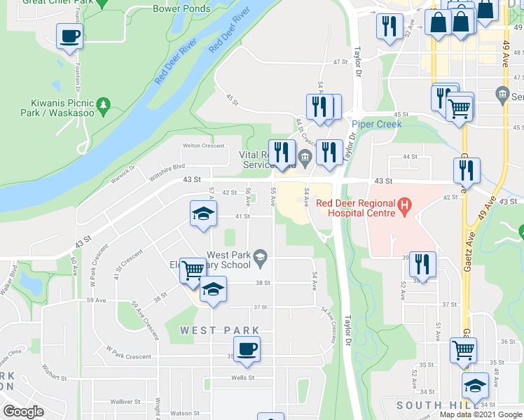 map of restaurants, bars, coffee shops, grocery stores, and more near 4114 55 Avenue in Red Deer