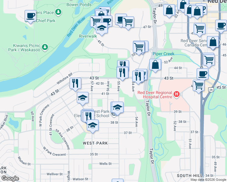 map of restaurants, bars, coffee shops, grocery stores, and more near 5506 41 Street in Red Deer