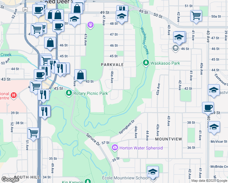 map of restaurants, bars, coffee shops, grocery stores, and more near 17 46A Avenue Crescent in Red Deer