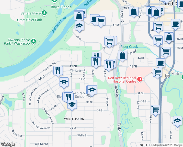 map of restaurants, bars, coffee shops, grocery stores, and more near 4114 55 Avenue in Red Deer