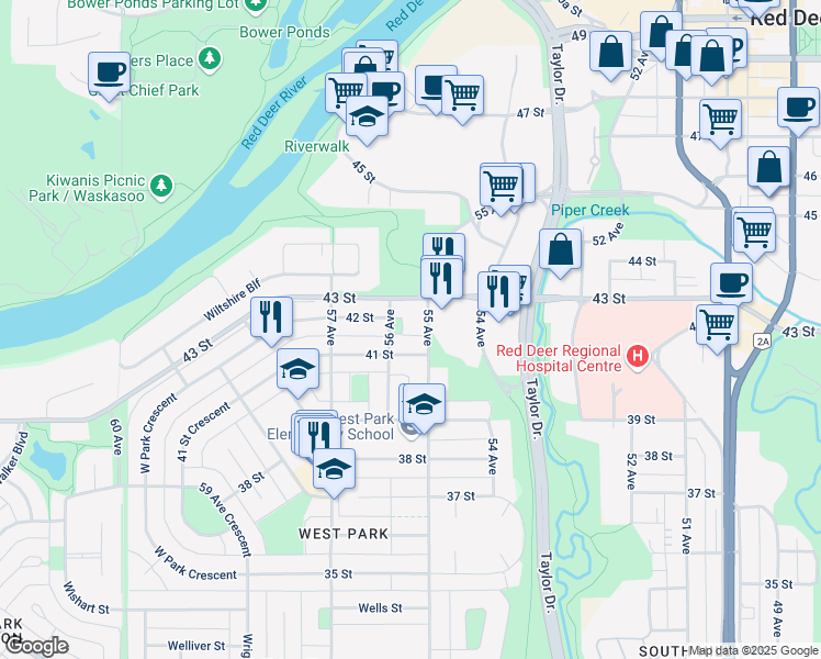 map of restaurants, bars, coffee shops, grocery stores, and more near 4114 55 Avenue in Red Deer