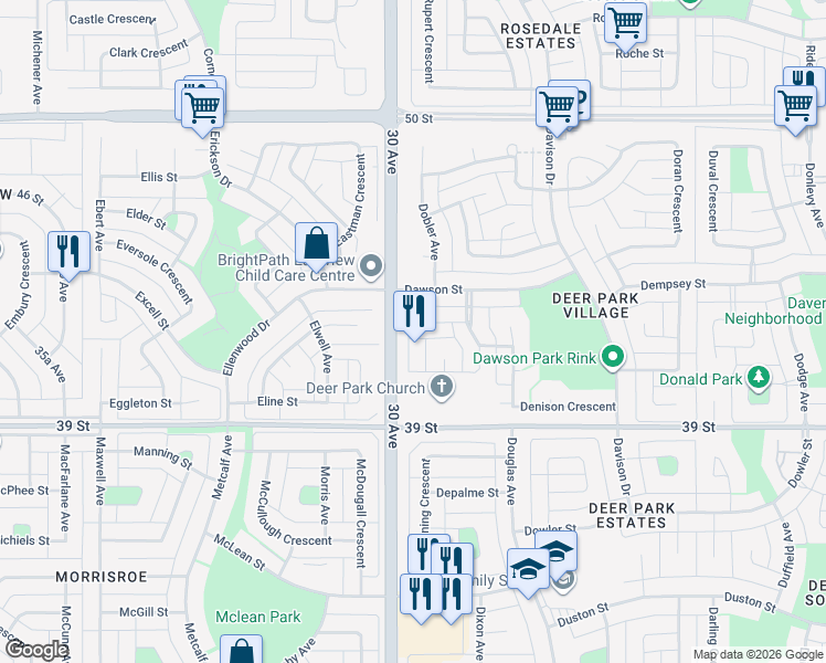 map of restaurants, bars, coffee shops, grocery stores, and more near 49 Duncan Crescent in Red Deer